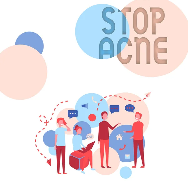 Leyenda conceptual Stop Acne. Concepto que significa controlar la aparición de glándulas sebáceas inflamadas en la piel Cuatro Colegas Ilustración Tener Conversaciones Lluvia de ideas Nuevas ideas. —  Fotos de Stock