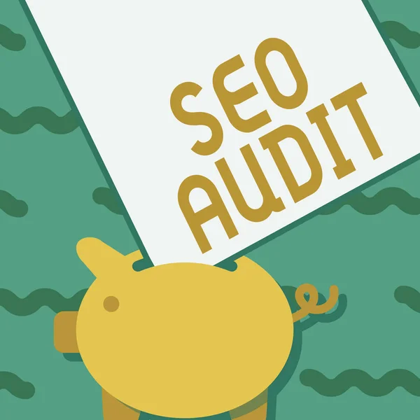 Signo de texto que muestra Seo Audit. Concepto que significa la optimización del Search Engine que valida y verifica el proceso que dibuja de la alcancía con la hoja grande del papel pegada en el agujero. —  Fotos de Stock