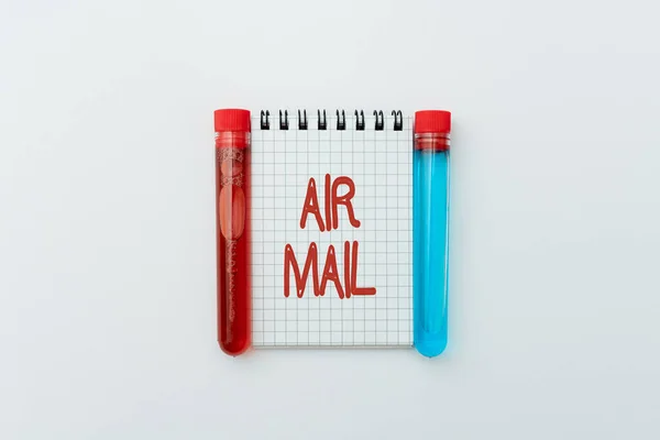 Hand writing sign Air Mail. Business approach the bags of letters and packages that are transported by aircraft Research Notes For Virus Prevention, Planning Medical Procedures — Stock Photo, Image