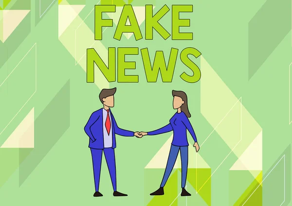 Conceptueel bijschrift Fake News. Concept betekent het geven van informatie om te laten zien dat is niet waar door de media Man en vrouw staan tegenover elkaar Handen vasthouden. — Stockfoto