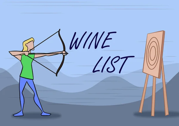 Schild mit Weinkarte. Wort für Wort Weinauswahl zum Kauf in der Regel in einem Restaurant Lady Archer Illustration Holding Bow Ziel. — Stockfoto