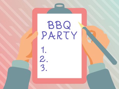 Bbq Party işaretini gösteren bir ilham. İş gösterileri genellikle ahşap üzerinde et tüttürerek ya da klavye yazma oyunu oynayarak, Dijital Belgeler oluşturarak ve işleyerek yapılır.