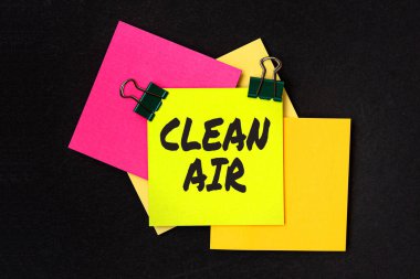 Temiz Hava metni yazılıyor. Zararlı seviyede toprak ve kimyasallar içermeyen havayı kavrayış. Masanın üzerine yerleştirilmiş çok çeşitli koleksiyon ofisi kırtasiyesi fotoğrafı.