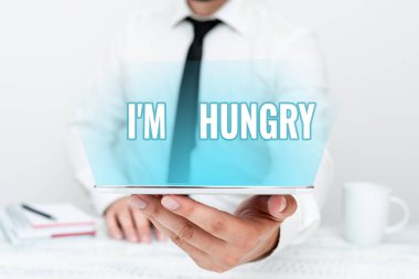 Yazı başlığı I M Hungry 'i gösteriyor. İletişim Teknolojisi Akıllı Telefon ve Video Çağrısını sunan bir şeyin mideye konması için güçlü bir istek veya arzuya sahip bir iş fikri