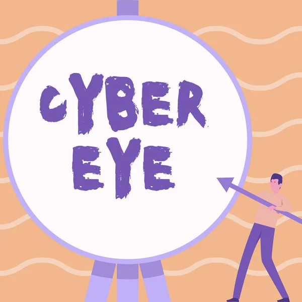 Εννοιολογική λεζάντα Cyber Eye. Επιχειρηματικό εργαλείο έννοια ασχολείται με την οικοδόμηση έξυπνων τεχνολογιών στον κυβερνοχώρο Man Standing Holding Μεγάλο Βέλος δείχνοντας προς μεγάλο κυκλικό στόχο. — Φωτογραφία Αρχείου