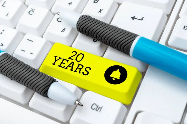 Text caption presenting 20 Years. Word for Remembering or honoring special day for being 20 years in existence Typing Online Network Protocols, Creating New Firewall Program — Stock Photo, Image