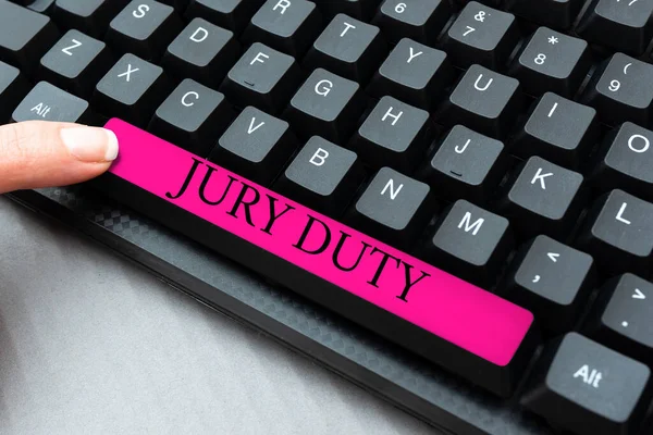 Handschrift tekst Jury Duty. Internet Concept verplichting of een periode van optreden als lid van een jury in de rechtbank Typen van nieuwe academische lessen, het creëren van lezingenplannen, schrijven van nieuwe ideeën — Stockfoto