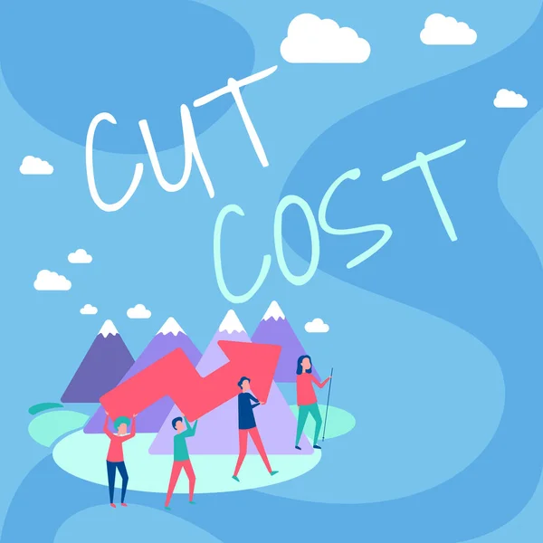 Konceptuell bildtext Cut Cost. Affärsidé Åtgärder för minskade kostnader och förbättrad vinst Fyra Kollegor Illustration Klättring Mountain Holding Stora Pilen. — Stockfoto