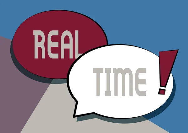 Text showing inspiration Real Time. Business overview the actual time during which a processes or events occurs Two Colorful Overlapping Speech Bubble Drawing With Exclamation Mark. — Stock Photo, Image