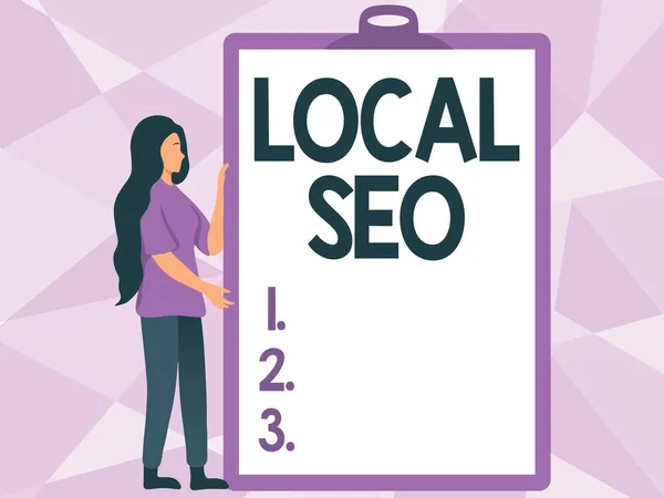 Schreiben von Anzeigetext Local Seo. Geschäftsidee Optimieren Sie Ihre Website, um einen besseren Rang für ein lokales Publikum zu erreichen. — Stockfoto