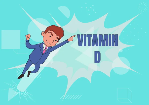 Handskrift tecken D-vitamin Word Skrivet på Näringsämne ansvarig för att öka intestinal absorption Man Ritning I enhetlig stående pekande uppåt Visar Ledarskap. — Stockfoto