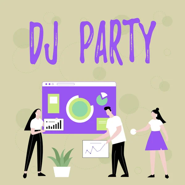 Konzeptionelle Anzeige Dj Party. Wort geschrieben über eine Person, die im Radio aufgezeichnete populäre Musik vorstellt und abspielt Mitarbeiter helfen gemeinsam Ideen zur Verbesserung der Fähigkeiten auszutauschen. — Stockfoto