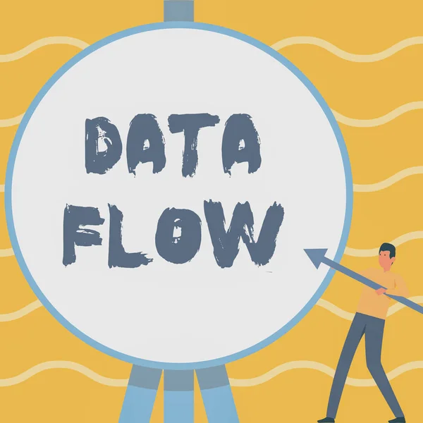 Texte manuscrit Data Flow. Internet Concept le mouvement des données à travers un système composé de logiciels Homme debout tenant une grande flèche pointant vers une grande cible circulaire. — Photo