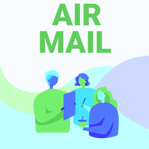 Skriva och visa text Air Mail. Konceptuellt foto påsar med bokstäver och paket som transporteras med flygplan Kollegor stående talar med varandra håller Paper Pen Cup. — Stockfoto