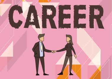 Kariyer sunan metin başlığı. Dönem insanları için yapılan iş gösterisinde ilerleme fırsatları var. Erkek ve kadın karşı karşıya duruyor. El ele tutuşuyorlar..
