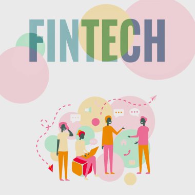 Fintech 'i gösteren bir mesaj. İş dünyası bilgisayar programları ve finansal hizmetleri destekleyen diğer teknolojiler. Dört Meslektaşlar Yeni Fikirler İçin Sohbet Etmek.