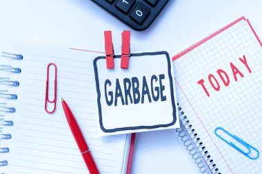 El yazısı tabelası. Çöp. Çöp Renkli Bakış açılı Yaratıcı Fikirler ve İlhamlar 'ı çöpe attığınız atık madde ya da istenmeyen şeyler anlamına gelen kavram