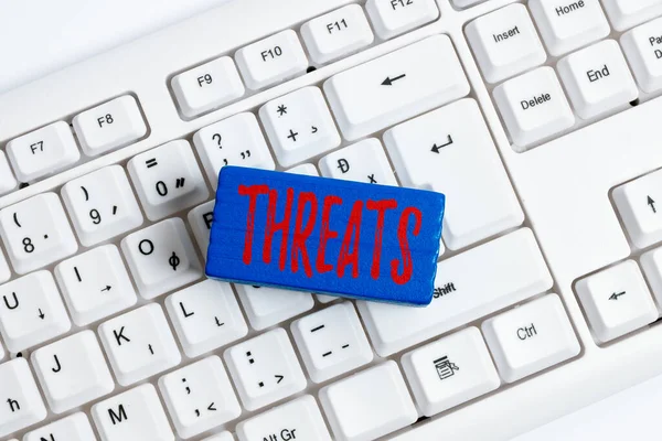 Text caption presenting Threats. Internet Concept Statement of an intention to inflict pain hostile action on someone Computer Laptop For Communication Typing New Ideas And Plan Development