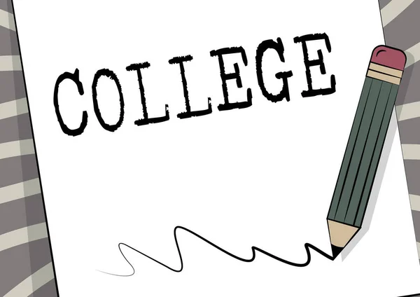 Skriver text College. Word Skrivet på läroanstalt eller inrättning som ger högre utbildning Penna Ritning på toppen av ark av papper Scribble Ritning linje. — Stockfoto