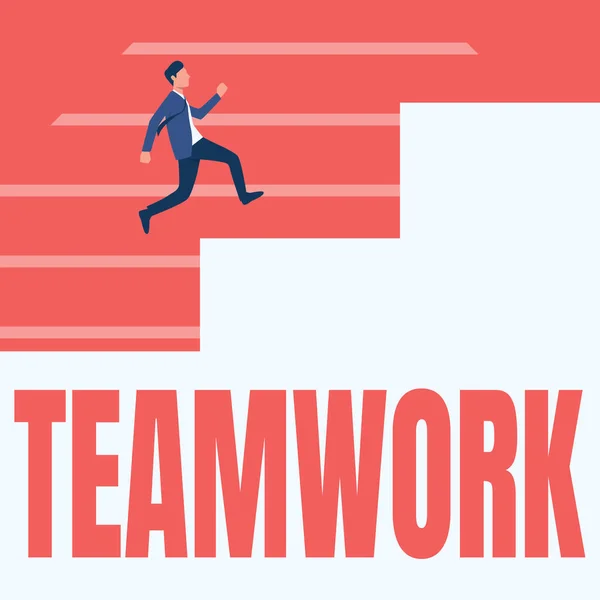 Text sign showing Teamwork. Internet Concept combined action of group especially when effective and efficient Gentleman In Suit Running Upwards On A Large Stair Steps Showing Progress. — Stock Photo, Image