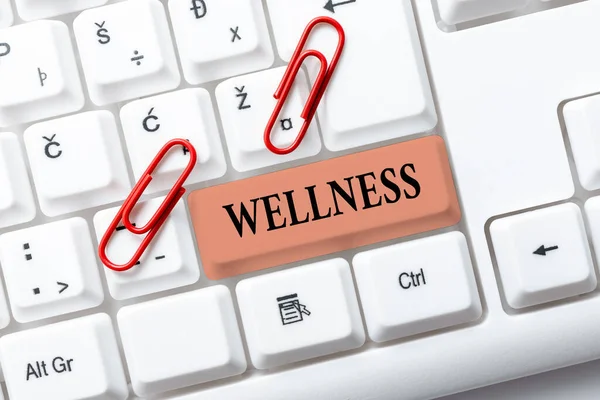 Wellness-re utaló szöveges jel. Üzleti áttekintés állapot, hogy a jó egészségi állapot, különösen, mint aktívan követett cél korszerűsítése és javítása régi honlap, Szoftverkódok javítása — Stock Fotó