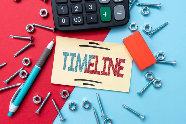 Writing displaying text Timeline. Business showcase graphical representation of period time on which events are marked Calculated Plans For Repairs And Maintenance Estimating Repair Projects — Stock Photo, Image