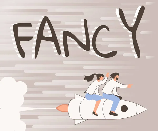 Megjelenítve a Fancy-t. Üzleti koncepció egy érzés, hogy tetszik vagy vonzza az egyik, hogy felületes vagy átmeneti illusztrációja boldog partnerek lovaglás Rocket Ship Exploring World. — Stock Fotó
