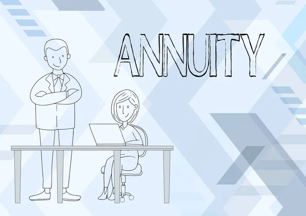 Текст, показывающий вдохновение Annuity. Бизнес-идея фиксированной суммы денег выплачивается кому-то каждый год серии платежей Мужчина стоит скрещенное оружие наблюдая Сидящая женщина с помощью ноутбука. — стоковое фото