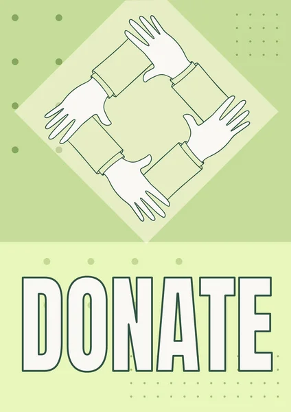 Conceptual caption Donate. Concept meaning give money or goods for good cause for example to charity or showing Four Hands Connected Holding Arms Together Showing Connection Symbol.