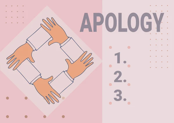 Hand writing sign Apology. Business idea a written or spoken expression of one s is regret remorse or sorrow Four Hands Connected Holding Arms Together Showing Connection Symbol. — Stock Photo, Image