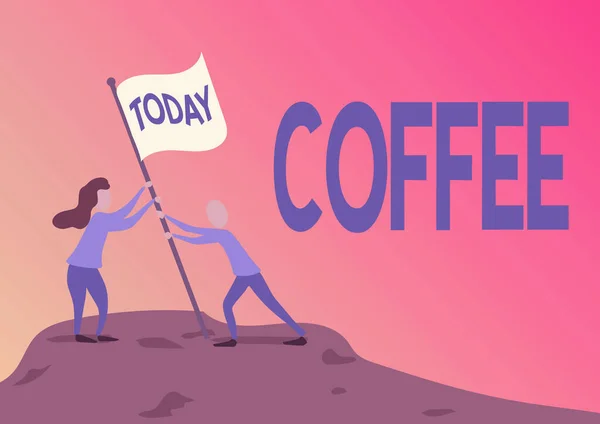 Podpis wyświetlający kawę. Koncepcja oznacza gorący napój zrobiony z prażonych i zmielonych nasion tropikalnego krzewu Mężczyzna i kobieta rysujący stojącą flagę na szczycie góry. — Zdjęcie stockowe