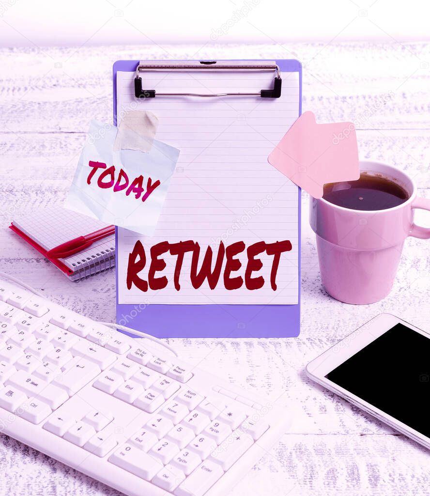 Text sign showing Retweet. Business concept in twitter repost or forward a message posted by another user Typing New Ideas Business Planning Idea Voice And Video Calls
