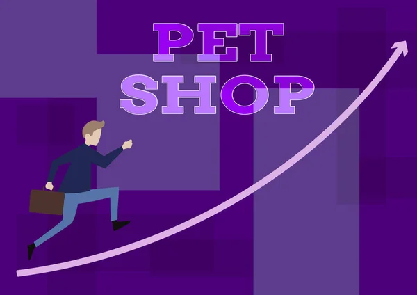 Bildunterschrift: Pet Shop. Schaufenster Einzelhandel, der verschiedene Arten von Tieren an die Öffentlichkeit verkauft Geschäftsmann, der Aktenkoffer in die Höhe hält mit Pfeil nach oben. — Stockfoto