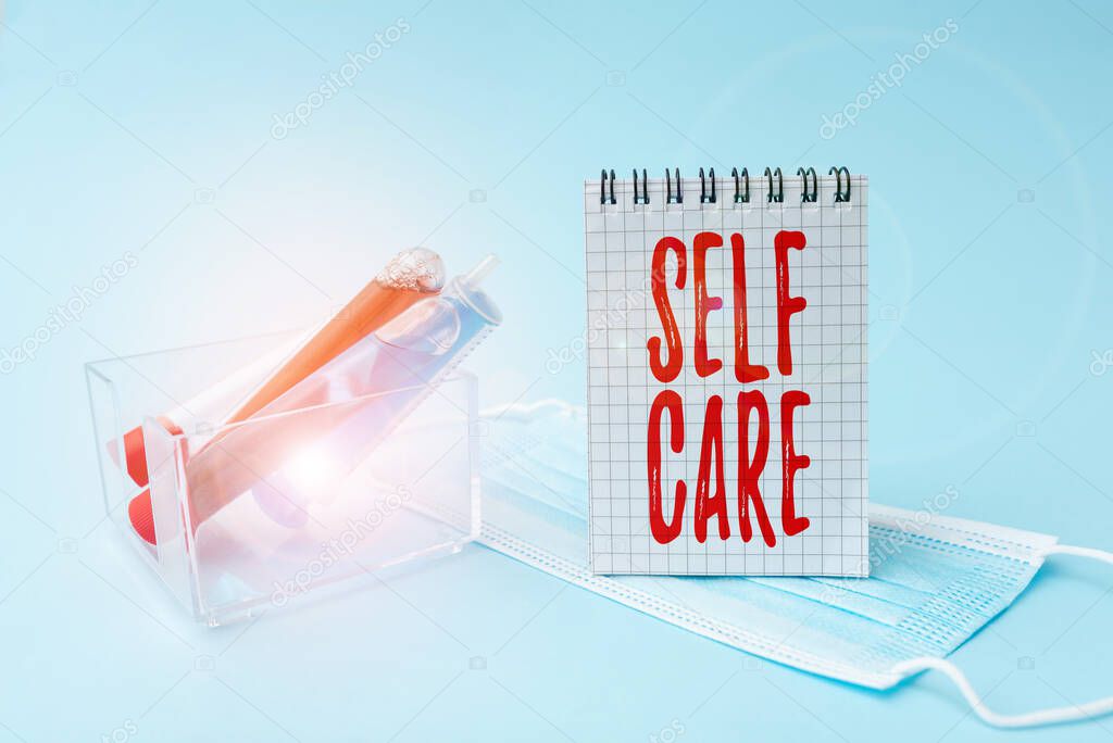 Handwriting text Self Care. Business showcase practice of taking action preserve or improve ones own health Writing Important Medical Notes Laboratory Testing Of New Virus Medicine