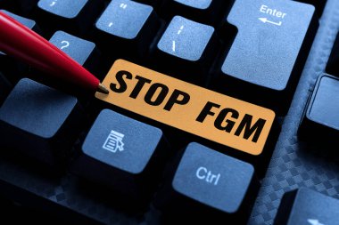 Kavramsal başlık Stop Fgm. İş konsepti, cinsel organ kesme ve sünnet işlemlerini Çevrimiçi Arkadaşlarla Bağlanma, İnternet 'te Tanışmalar Yapmaya Son Verdi