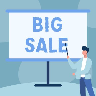 El yazısı tabelası Büyük Satış. Ürünleri indirimli satışa çıkarmakla ilgili bir yazı var. Kara Cuma öğretmeninin ceketli resmi Whiteboard 'da duruyor..