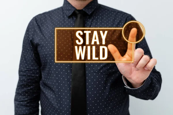 Texte inspirant Stay Wild. L'approche opérationnelle continue d'être vous et de faire ce que vous faites Ne voulez jamais changer Présenter de nouveaux plans et de nouvelles idées Démontrer un processus de planification — Photo