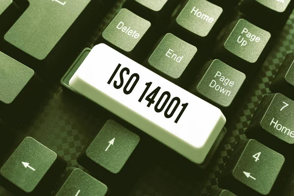 Text sign showing Iso 14001. Business showcase a family of standards related to environmental management Retyping Old Notes, Playing Text Games, Testing Typing Speed — Stock Photo, Image