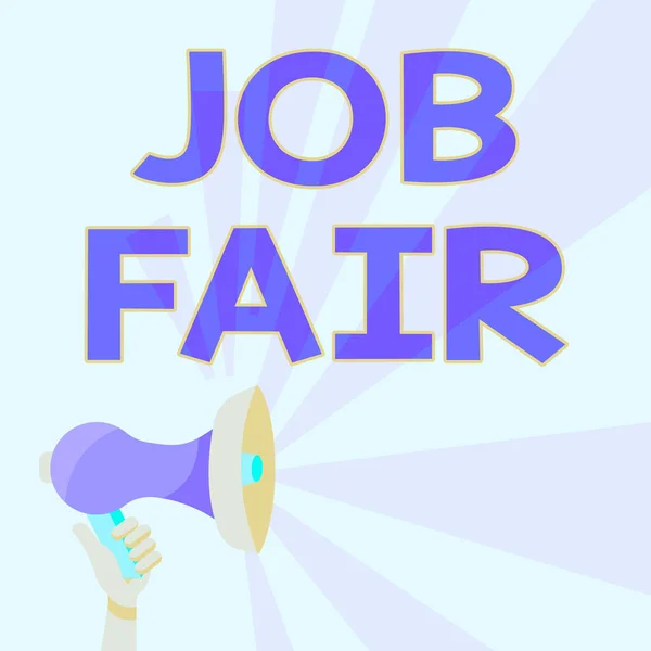 Text showing inspiration Job Fair. Word for event in which employers recruiters give information to employees Megaphones Drawing Giving Positive Comments Making Announcement — Stock Photo, Image