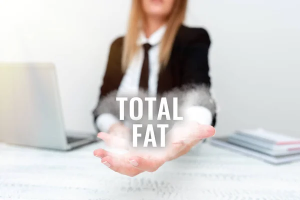 Bildunterschrift: Total Fat. Geschäftsansatz kombinierter Wert der verschiedenen Fettarten, die auf dem Etikett gezeigt werden Instructor Teaching Different Skills, Teacher Exploring New Methods — Stockfoto