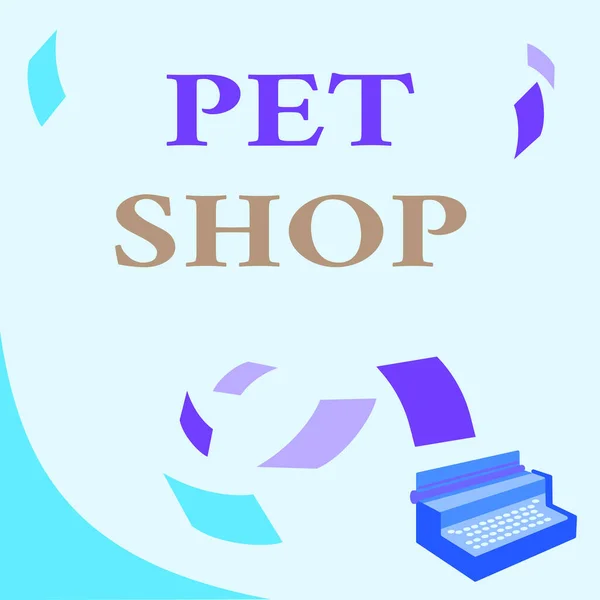 Conceptual caption Pet Shop. Slovo psané v maloobchodě, který prodává různé druhy zvířat na veřejnosti Ročník psací stroj Kresba s více plovoucích papírů. — Stock fotografie