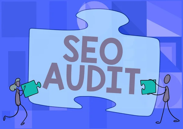 Writing displaying text Seo Audit. Concept meaning Search Engine Optimization validating and verifying process Colleagues Drawing Fitting Two Pieces Of Jigsaw Puzzle Together Teamwork. — Stock Photo, Image