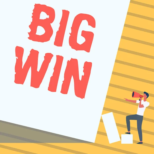 ビッグウィンが表示されます。Wordは、ゲームで成功によって獲得した重要な賞金を獲得した上で書かれた男は保持メガホンを引く立ってブランクウォールを指す. — ストック写真