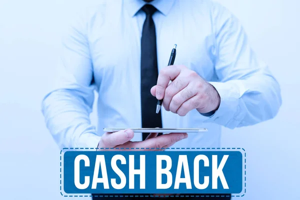 Inspiráció mutatja jel Cash Back. Szó Írt jelölése egyfajta ösztönzést kínál a vevők bizonyos termékek bemutatása új technológiai ötletek megvitatása Technológiai javulás — Stock Fotó