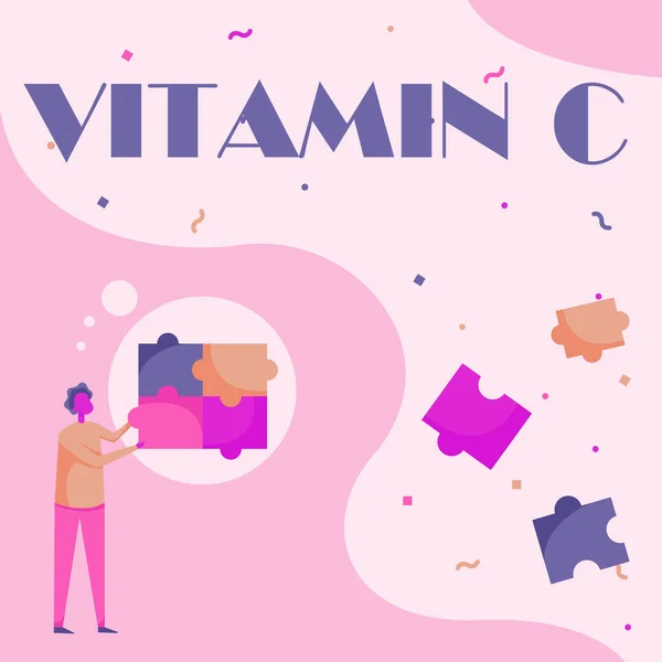 C vitamini tablosunu gösteren ilham kaynağı iyileşmeyi teşvik eder ve vücudun demir Ascorbic Asit Adam 'ın Dört Yapboz Parçasına Uyuşan Ayakta Çizim Yapıştırması' nı emmesine yardımcı olur.. — Stok fotoğraf