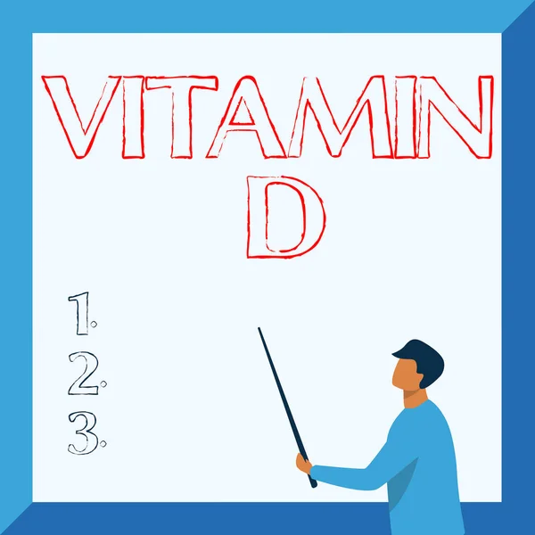 Text bildtext presenterar D-vitamin Internet Concept Nutrient ansvarig för att öka intestinal absorption Instruktör Ritning Holding Stick Pekbräda Visar nya lärdomar. — Stockfoto