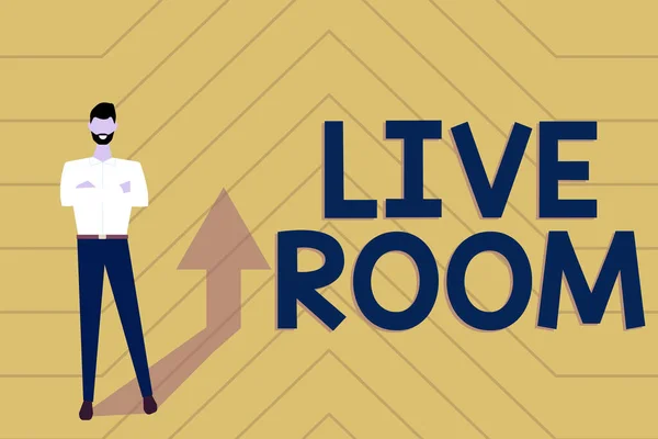 Inspiratie met bord Live Room. Zakelijk concept de kamer in een huis of appartement dat wordt gebruikt om te ontspannen in het verzamelen van online documenten en informatie, het invoeren en opnemen van gegevens — Stockfoto