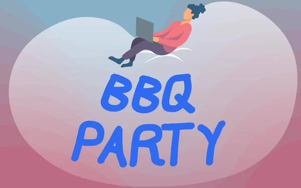 Konceptuell bildtext Bbq Party. Begreppet betyder vanligtvis görs utomhus genom att röka kött över trä eller träkol Lady Ritning sitta tillbaka på en stor bönpåse med hjälp av laptop. — Stockfoto