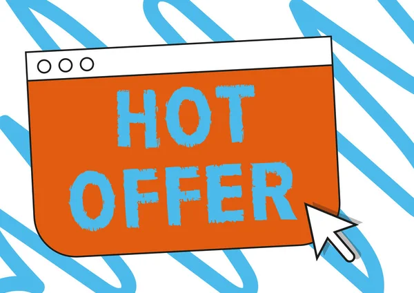 Conceptuele weergave Hot Offer. Zakelijk overzicht product of programma dat wordt aangeboden tegen gereduceerde prijzen of tarieven Kleurrijke Web Page Browsing Tekenen met een muis Cursor Pointer Hieronder. — Stockfoto