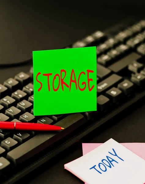 Sign displaying Storage. Word for Action of storage something for future use Keep things safe Practicing Speed Typing Accuracy, Testing Typewriting Knowledge — Stock Photo, Image